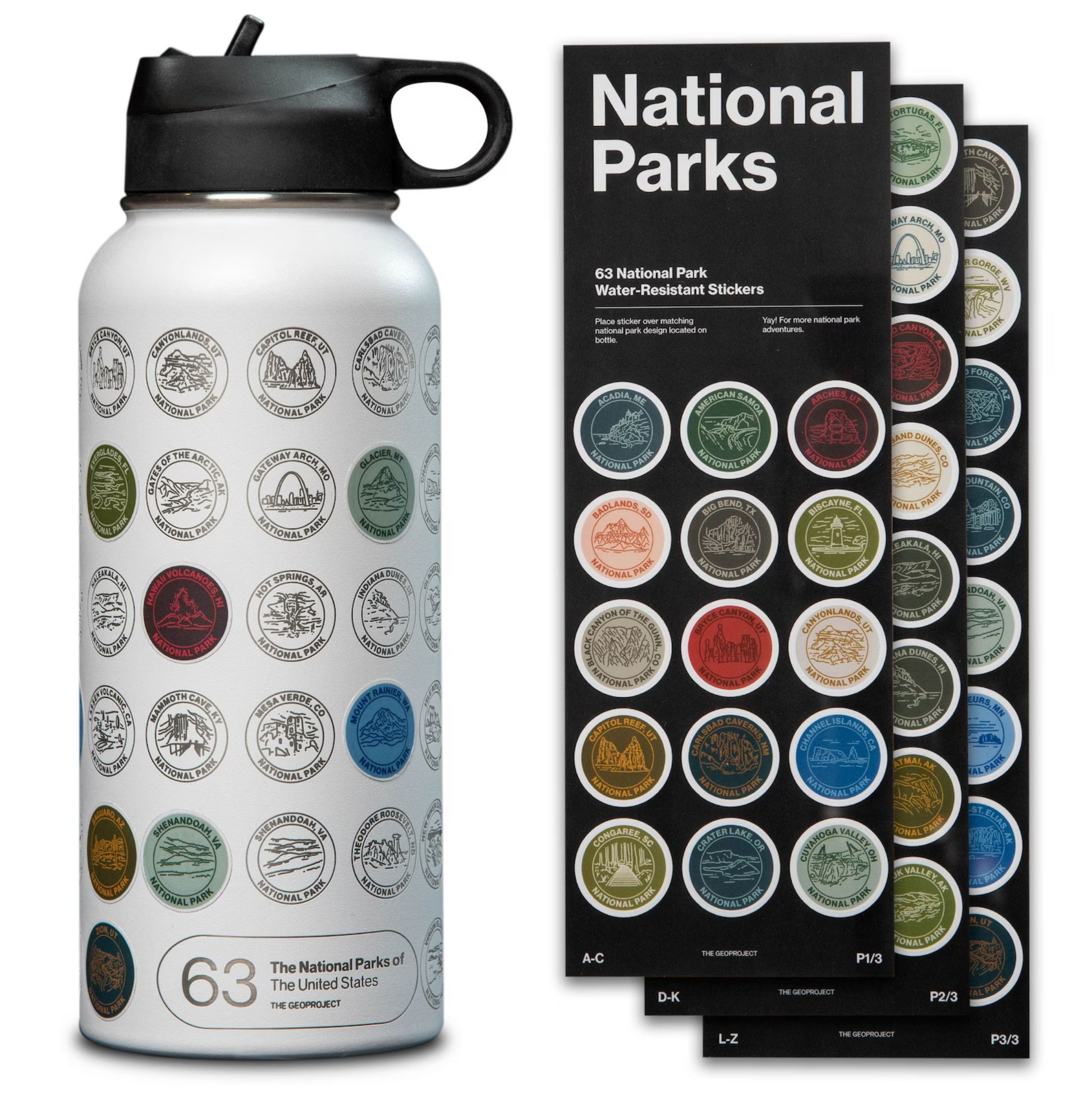 THE GEOPROJECT National Parks Water Bottle with Stickers Kit, Adventure  Flask with Straw, Waterproof Stickers for Water Bottle, Insulated Stainless